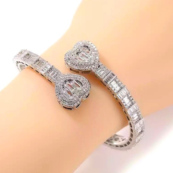 Open Heart Silver Baguette Iced Out Cubic Zircon Diamond Bangle Cuff Bracelet - Picture 13 of 13